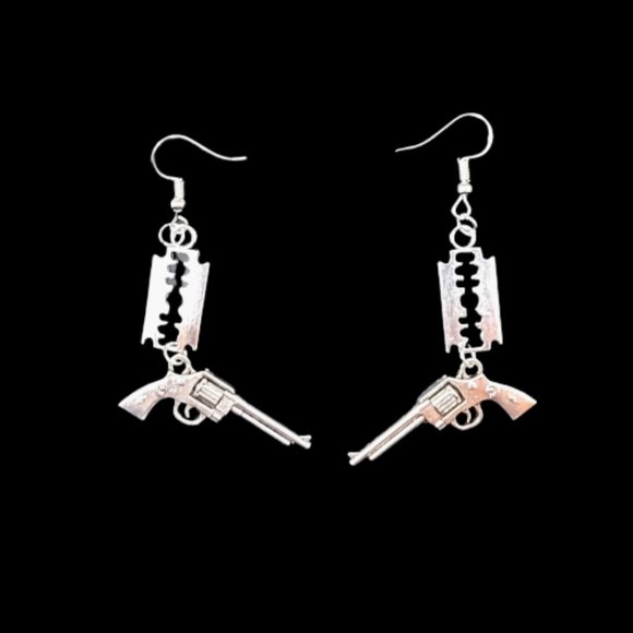 Punk Earrings - Gun & Razor Blade Charms NWOT - Picture 2 of 8